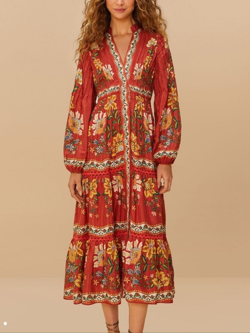 NEW Farm Rio Red Garden Delight Long Sleeve Midi Dress$350